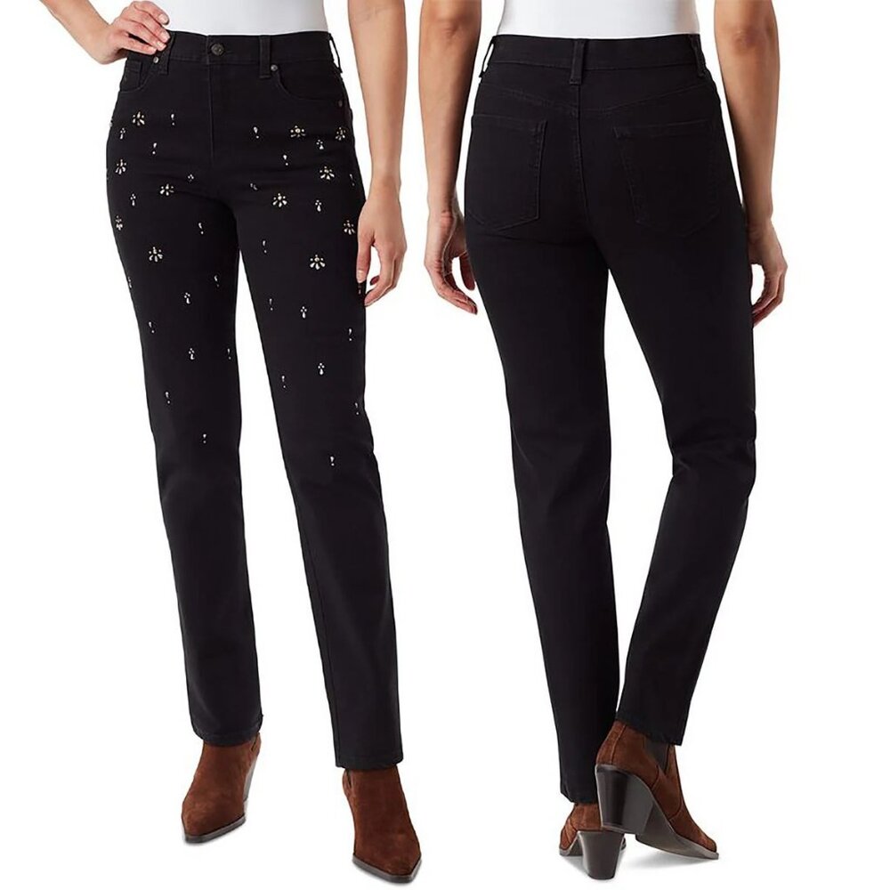 New! Gloria Vanderbilt Embellished Slimming Jeans Amanda Black Size 10 12 14